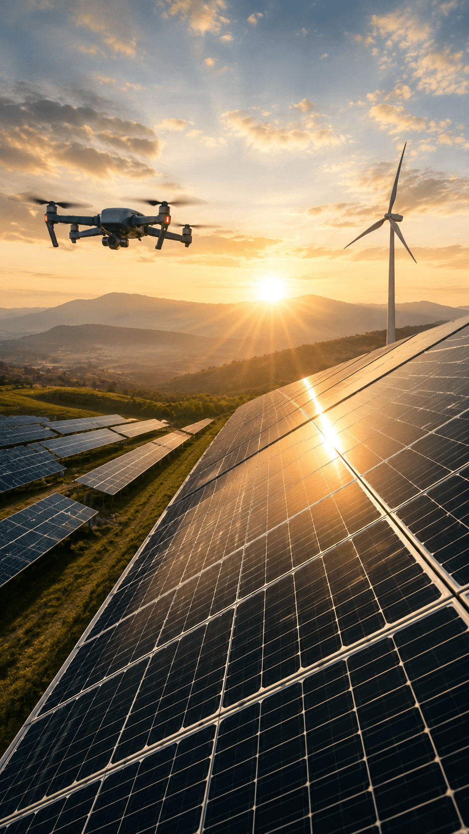 Güneş enerjisi santralinde aktif uçuş yapan bir drone
