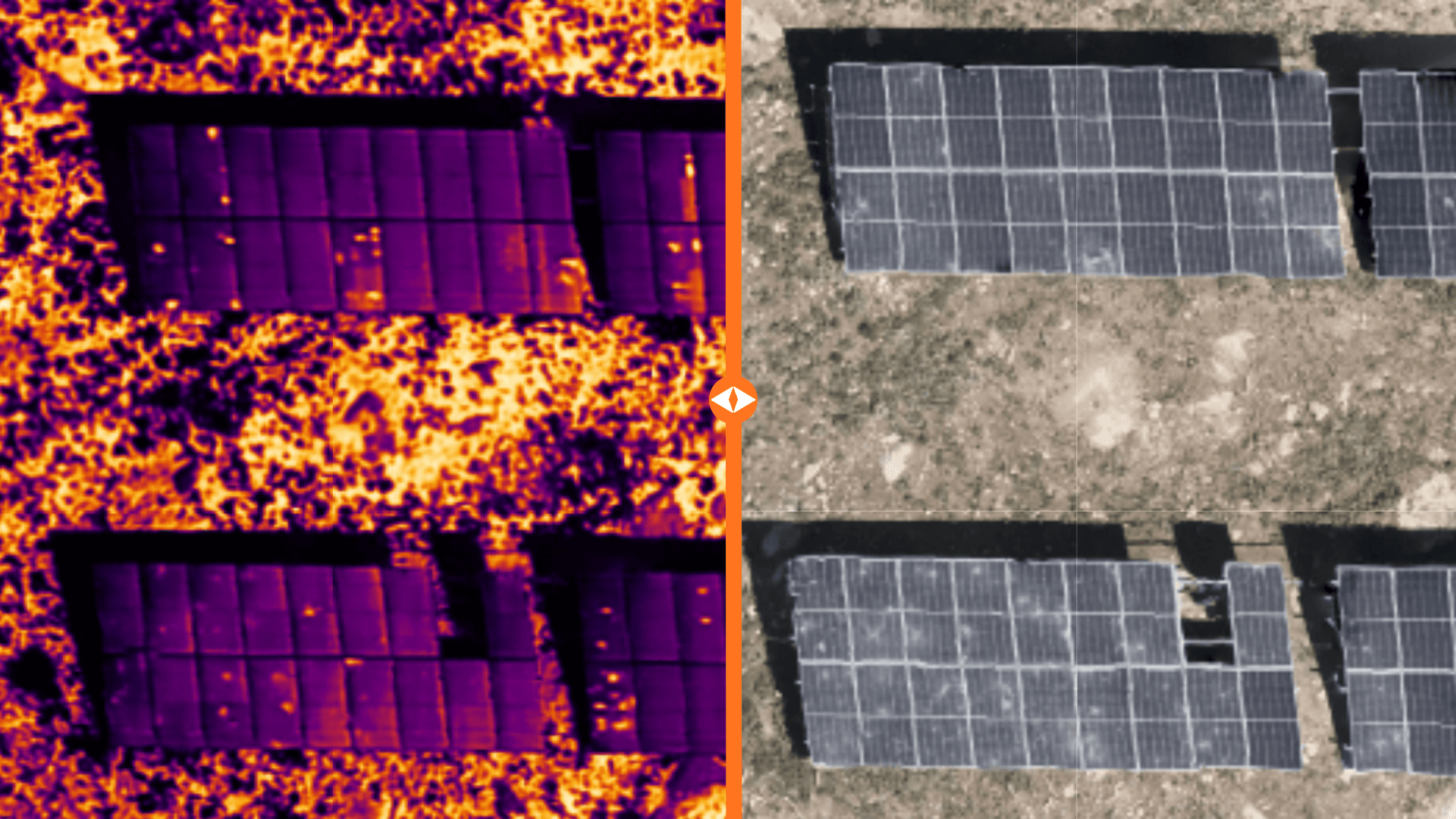Aynı güneş paneli alanının RGB ve termal ortofoto karşılaştırması